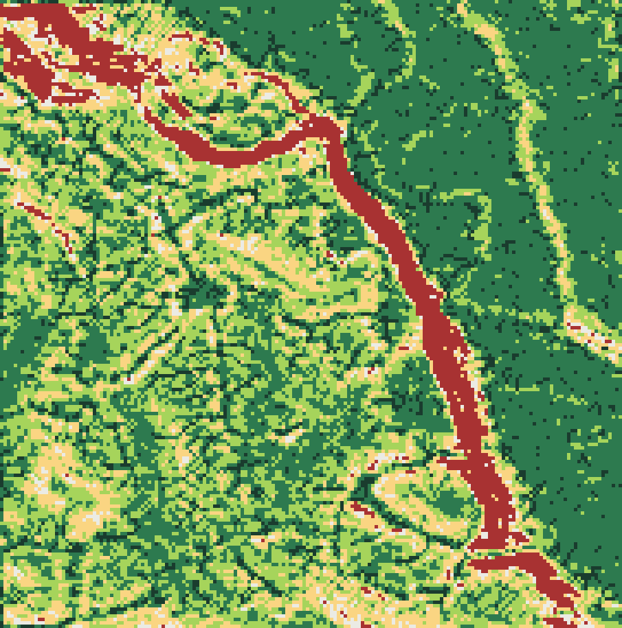 Mapa de aptitud para infiltración de 4,5 por 5,6 kilómetros. La franja del cauce principal y sus laderas aparecen en rojo: quedan excluidas por pendiente sobre 40 %. Los lomajes y terrazas suaves aparecen en verde como aptitud alta, los flancos más inclinados aparecen en verde claro y amarillo, y las terrazas de pendiente suave dominan en verde oscuro.