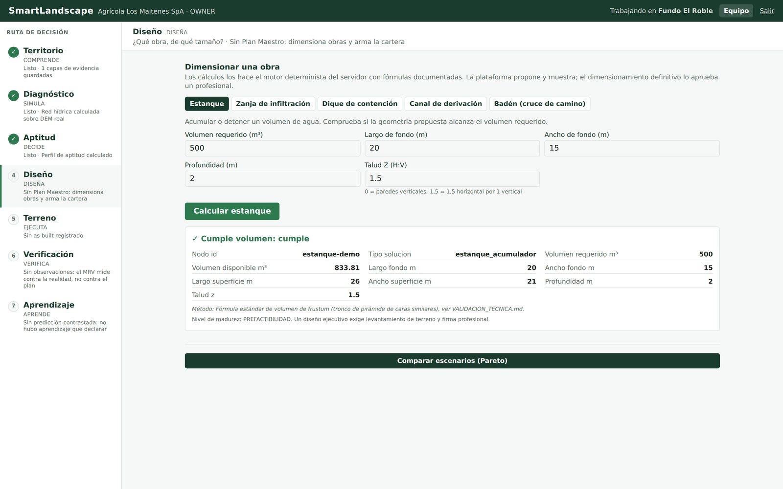 Etapa de diseño: formulario de dimensionamiento de un estanque y el resultado del motor con volumen disponible, geometría, método y nivel de madurez.
